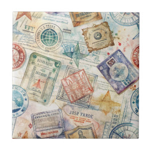 Rustic Passport Stamp Travel Pattern (7) Tile