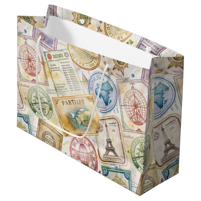 Rustic Passport Stamp Travel Pattern (8) Large Gift Bag (Front Angled)