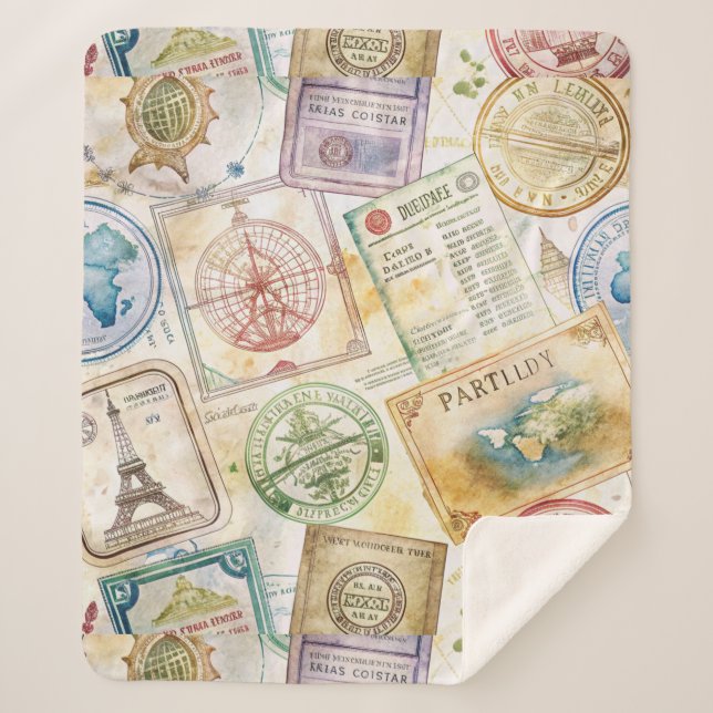Rustic Passport Stamp Travel Pattern (8) Sherpa Blanket (Front)