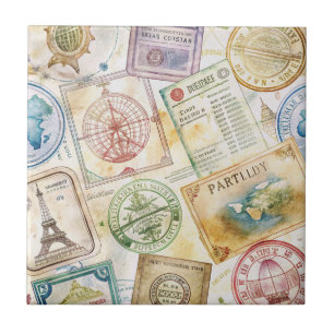 Rustic Passport Stamp Travel Pattern (8) Tile