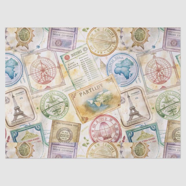 Rustic Passport Stamp Travel Pattern (8) Tissue Paper (Front)