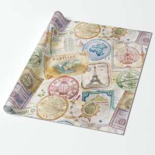 Rustic Passport Stamp Travel Pattern (8) Wrapping Paper