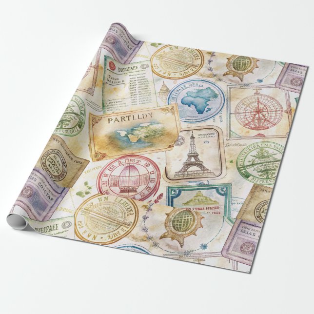 Rustic Passport Stamp Travel Pattern (8) Wrapping Paper (Unrolled)