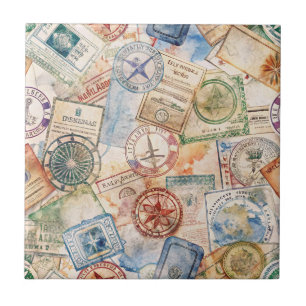 Rustic Passport Stamp Travel Pattern (9) Tile