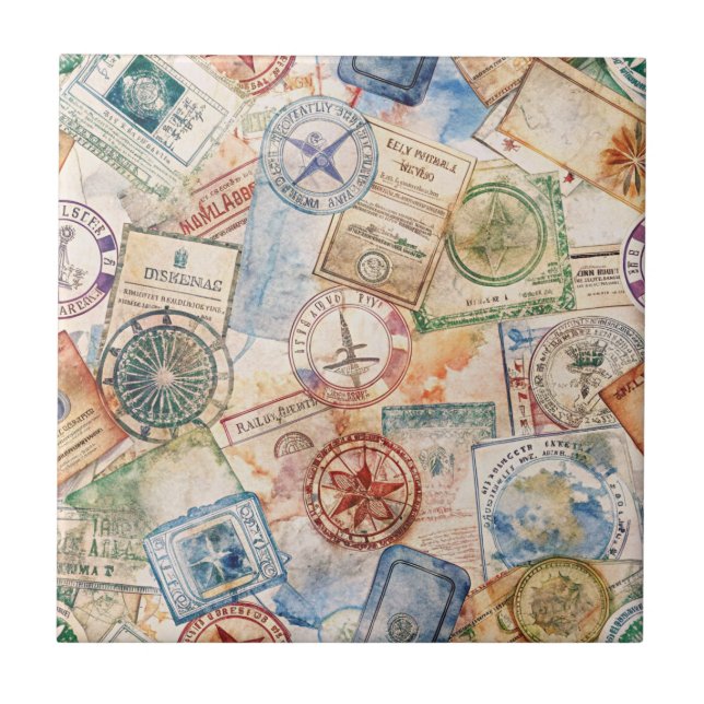 Rustic Passport Stamp Travel Pattern (9) Tile (Front)