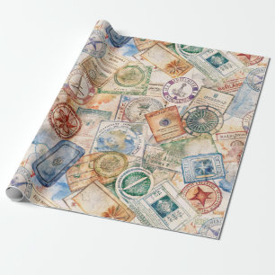 Rustic Passport Stamp Travel Pattern (9) Wrapping Paper