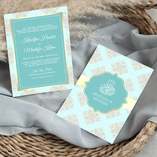 Rustic Pastel Aqua Blue Damask Muslim Wedding Invitation