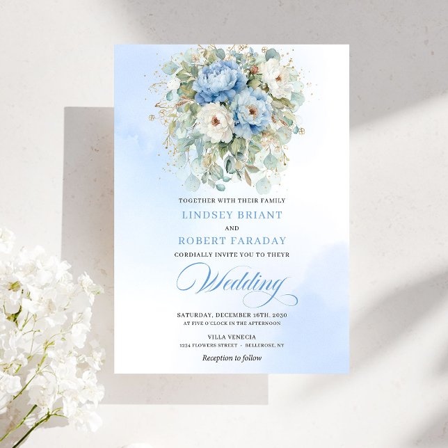 Rustic Pastel Blue White Peony Eucalyptus Gold Wed Invitation (Rustic Pastel Blue White Peony Eucalyptus Gold Wedding)
