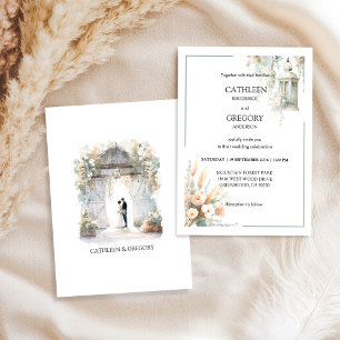 Rustic Pastel Earthy Tones Watercolor Barn Wedding Invitation