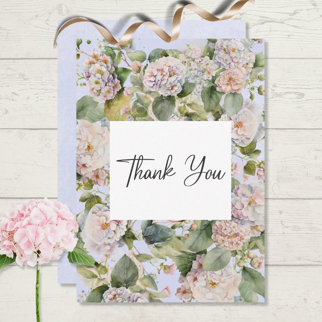 Rustic Pastel Hydrangea Floral Monogram Periwinkle Thank You Card (Creator Uploaded)