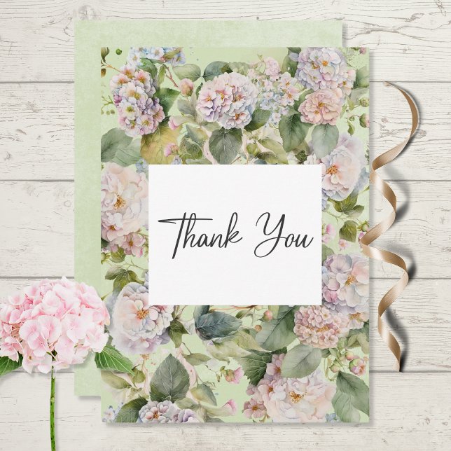 Rustic Pastel Hydrangea Floral Monogram Sage Green Thank You Card (Creator Uploaded)