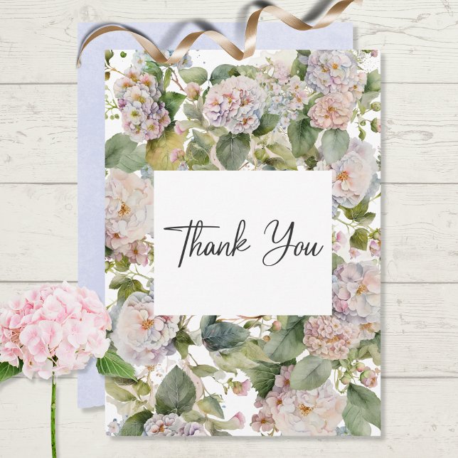 Rustic Pastel Hydrangea Floral Monogram White Thank You Card (Creator Uploaded)
