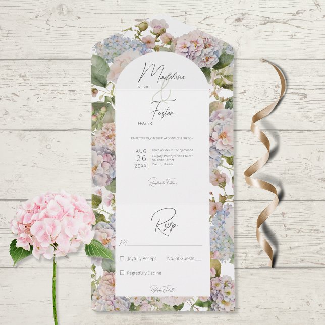 Rustic Pastel Hydrangeas White Arch No Dinner All In One Invitation (Creator Uploaded)