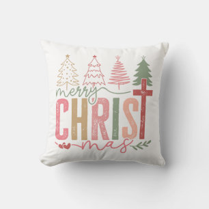 Rustic Pastel Merry Christ mas Tree Cushion