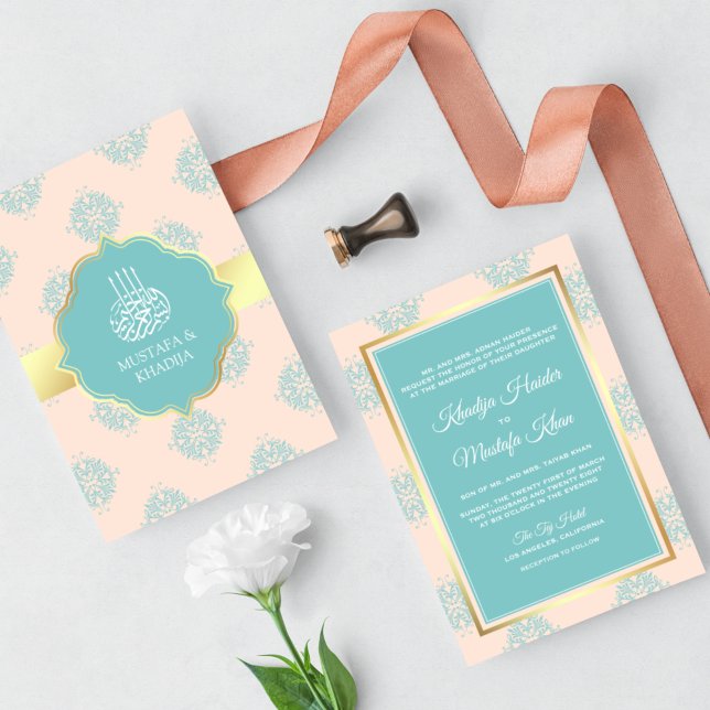 Rustic Pastel Peach Teal Damask Muslim Wedding Invitation (Creator Uploaded)