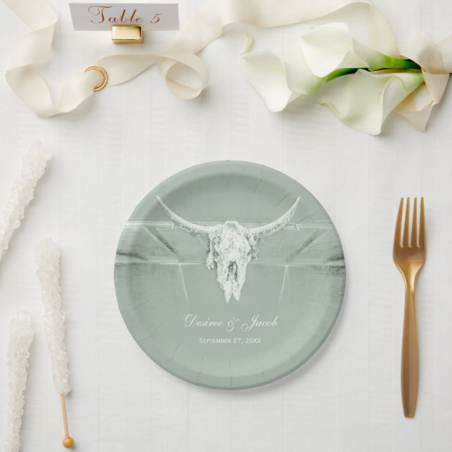 Rustic Pastel Sage Green White Western Cow Skull Paper Plate (Wedding)