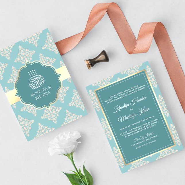 Rustic Pastel Teal Cream Damask Muslim Wedding Invitation (Creator Uploaded)