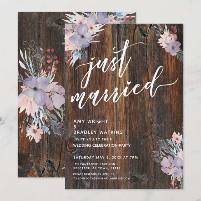 Rustic Pastel Watercolor Flowers Just Married Invitation (Front/Back)