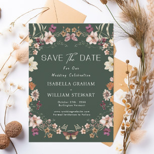 Rustic Pastel Wildflower Dark Green Save The Date Invitation