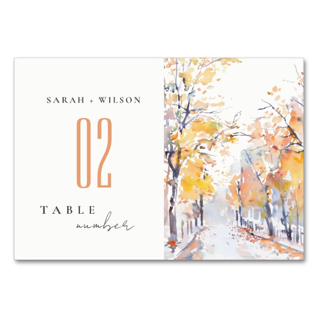 Rustic Pastel Yellow Autumn Fall Landscape Wedding Table Number (Front)