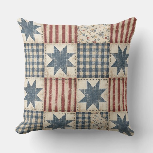 Rustic Patchwork Americana Quilt Pattern Cushion (Front)