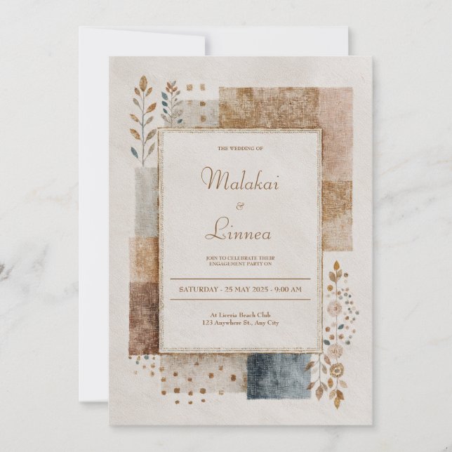 Rustic Patchwork Burlap Gold Foil Folk Wedding Invitation (Front)