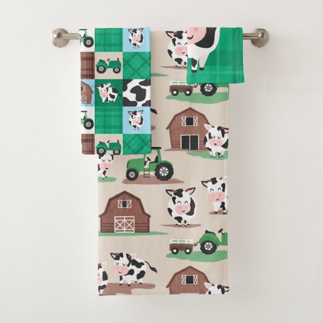 Rustic Patchwork Cow Farm Tan and Green Bath Towel Set (Insitu)