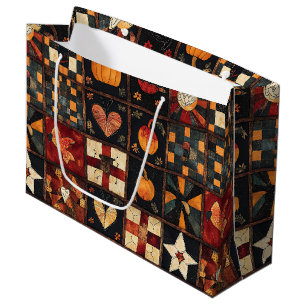 Rustic Patchwork   Folk Art Autumn Quilt Pattern Large Gift Bag