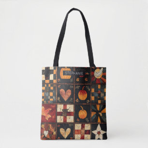 Rustic Patchwork Folk Art Autumn Quilt Pattern Tote Bag