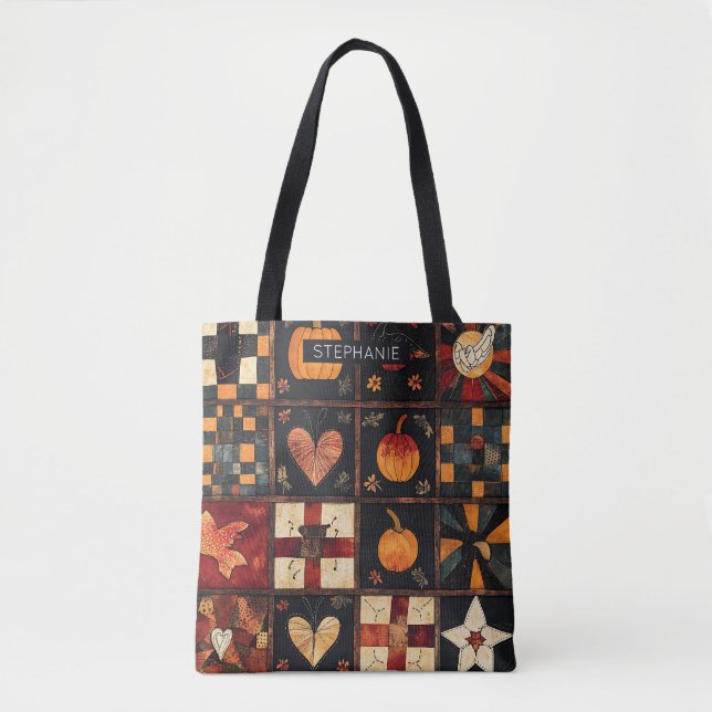Rustic Patchwork | Folk Art Autumn Quilt Pattern Tote Bag (Front)