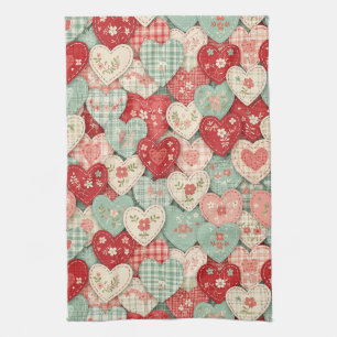 Rustic Patchwork Hearts Picnic Pattern (2) Tea Towel