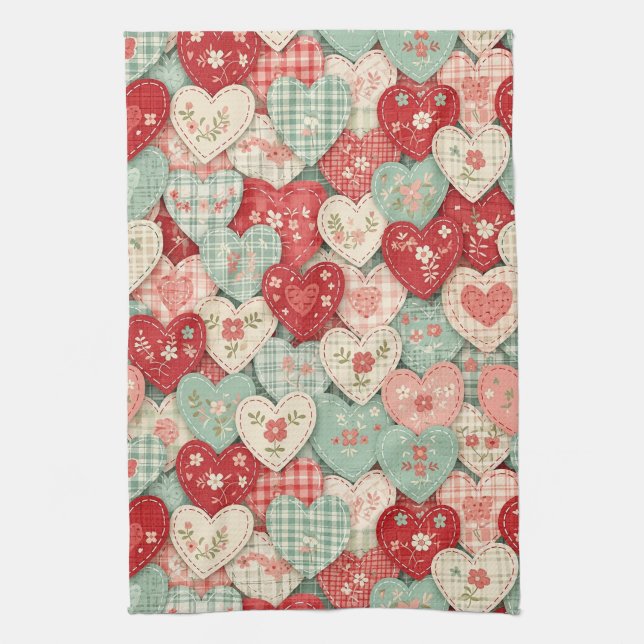 Rustic Patchwork Hearts Picnic Pattern (2) Tea Towel (Vertical)