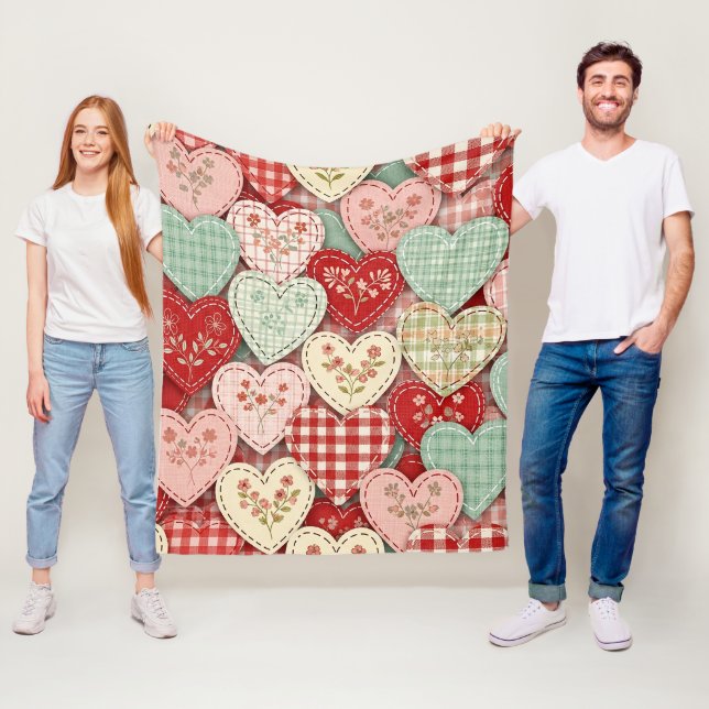 Rustic Patchwork Hearts Picnic Pattern (3) Fleece Blanket (In Situ)