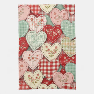 Rustic Patchwork Hearts Picnic Pattern (3) Tea Towel