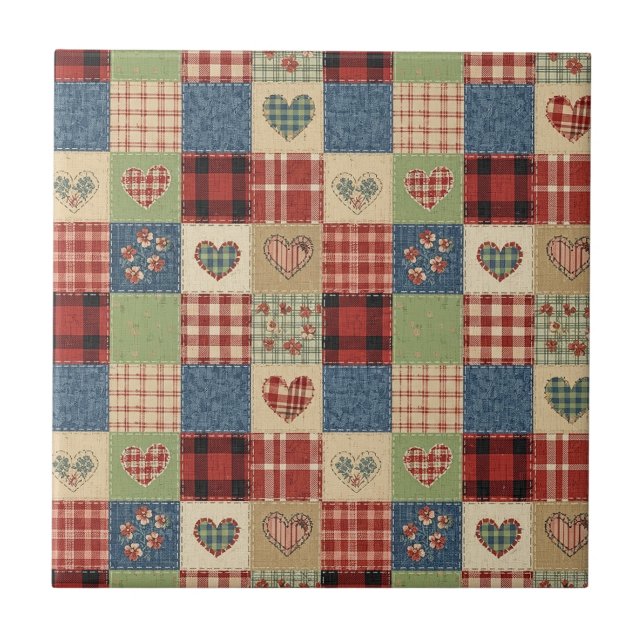 Rustic Patchwork Hearts Picnic Pattern (5) Tile (Front)