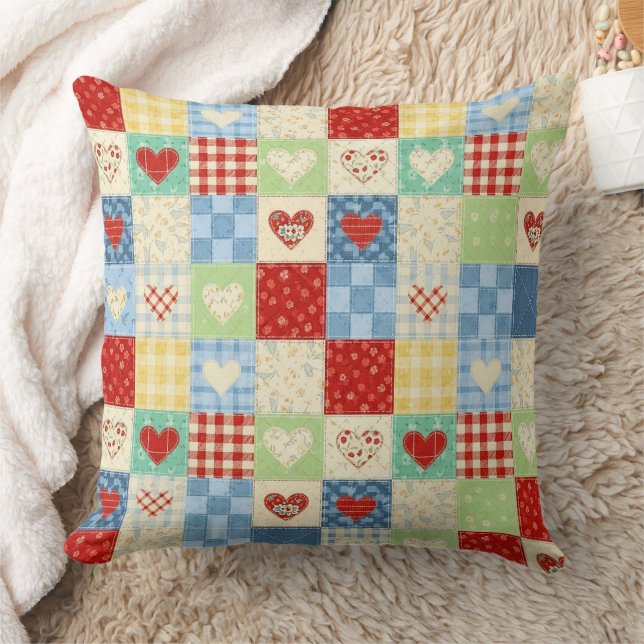 Rustic Patchwork Hearts Picnic Pattern Cushion (Blanket)