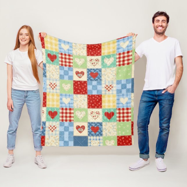 Rustic Patchwork Hearts Picnic Pattern Fleece Blanket (In Situ)