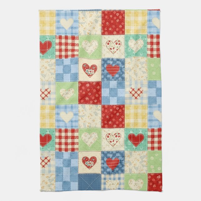 Rustic Patchwork Hearts Picnic Pattern Tea Towel (Vertical)
