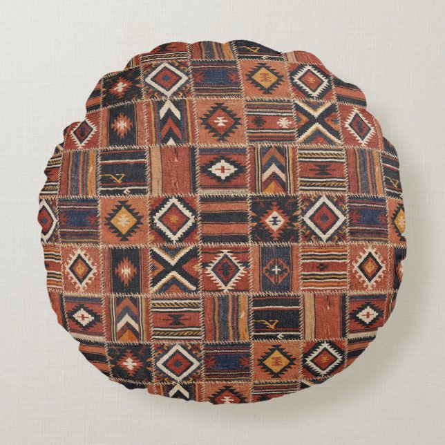 Rustic Patchwork Kilim Geometric Tapestry Round Cushion (Front)