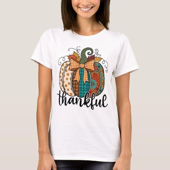 Rustic Patchwork Pumpkin Fall Gingham Bow Autumn T-Shirt (Front)
