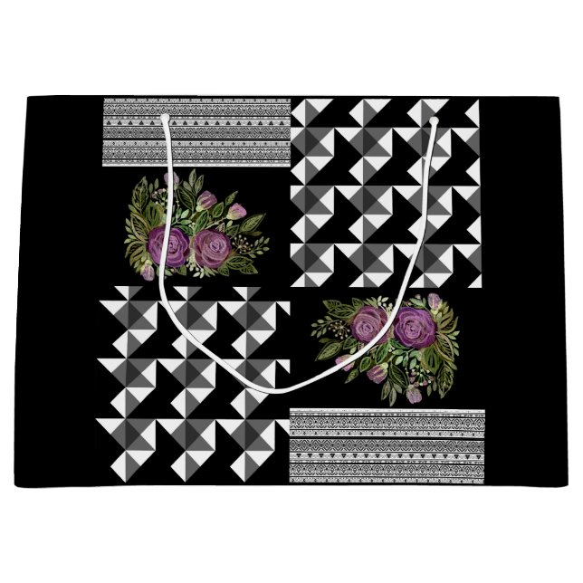 Rustic, patchwork, roses large gift bag (Front)