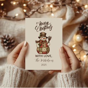 Rustic Patchwork Snowman Christmas Holiday Card