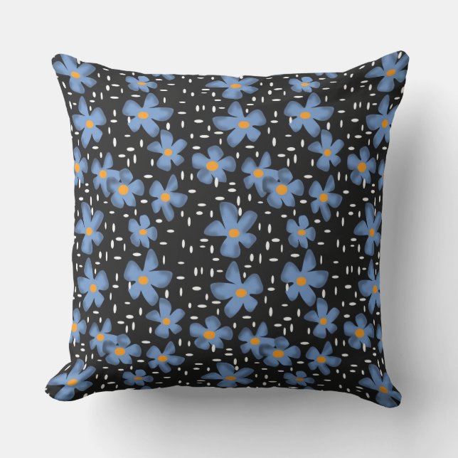 Rustic pattern with blue flowers on a black backgr cushion (Front)