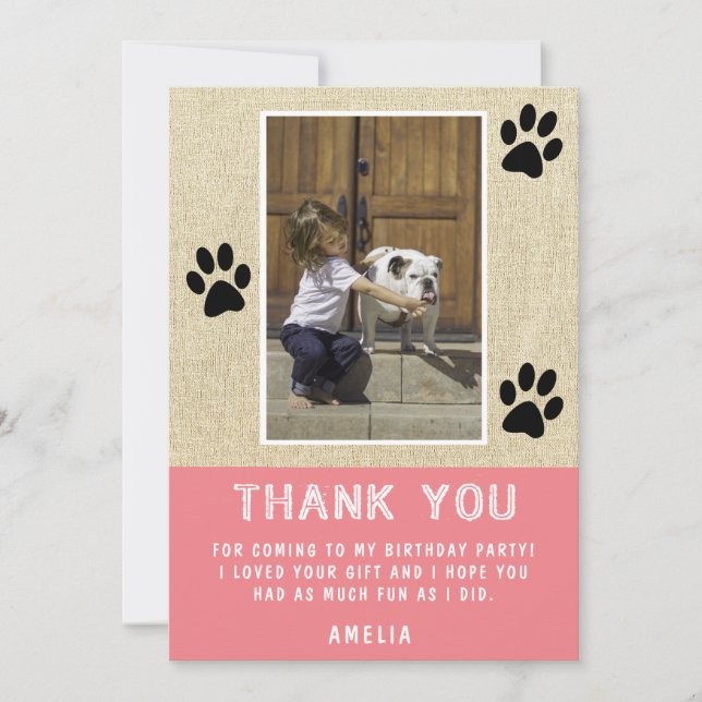 Rustic Paw Prints Pink Birthday Photo Thank you Card (Front)