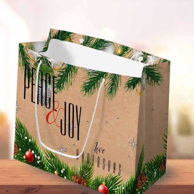 Rustic Peace & Joy Red Berries Name Christmas Large Gift Bag (Creator Uploaded)
