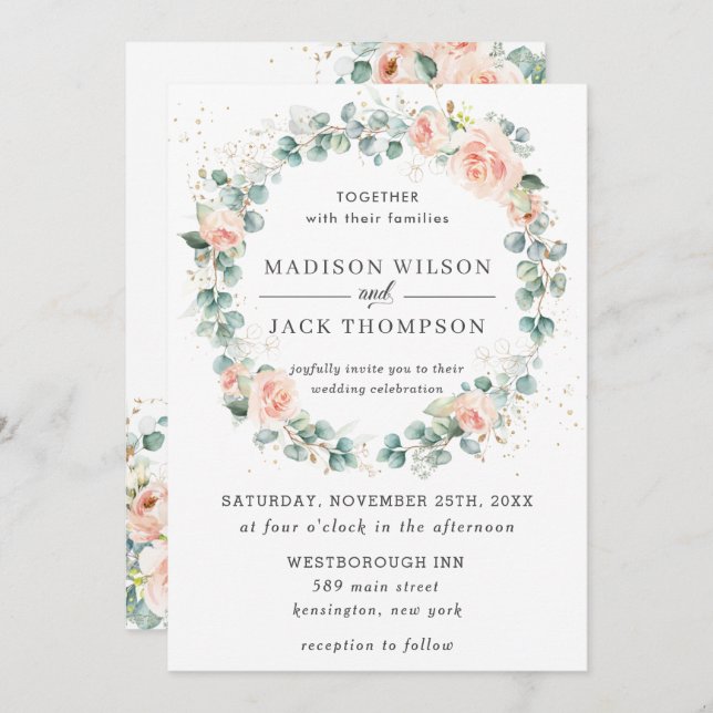 Rustic Peach Blush Floral Greenery Wreath Wedding Invitation (Front/Back)