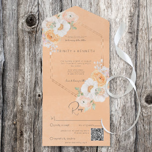 Rustic Peach Blush & White Floral QR Code All In One Invitation
