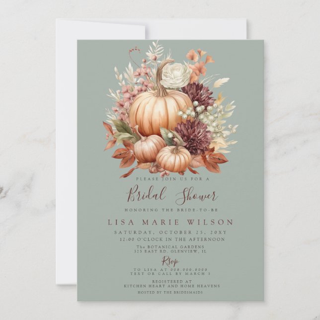 Rustic Peach Burgundy Pumpkins Fall Bridal Shower Invitation (Front)