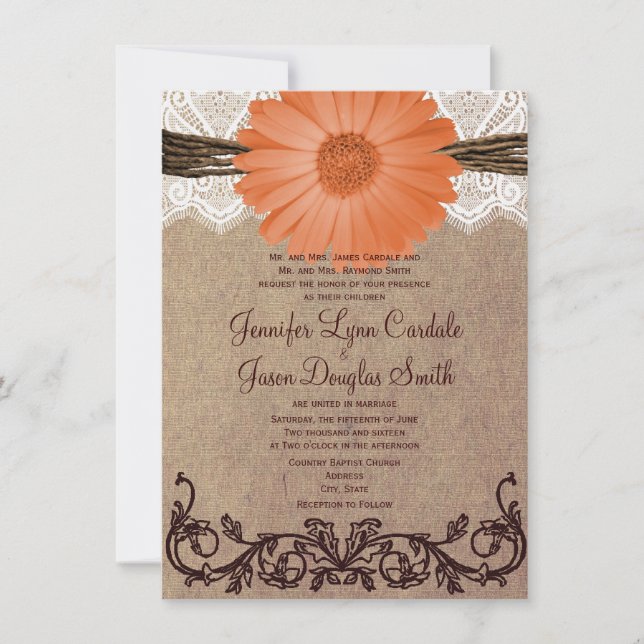 Rustic Peach Coral Daisy Flower Wedding Invitation (Front)