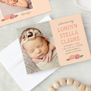 Rustic Peach Fall Floral Baby Girl Photo Birth Announcement
